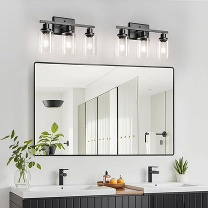 Ascher Bathroom Light Fixtures, 3 Light Vanity Light with LED Bulbs Included, Black Wall Sconces with Clear Glass Shades for Mirror, Kitchen, Living Room, Hallway, Cabinet