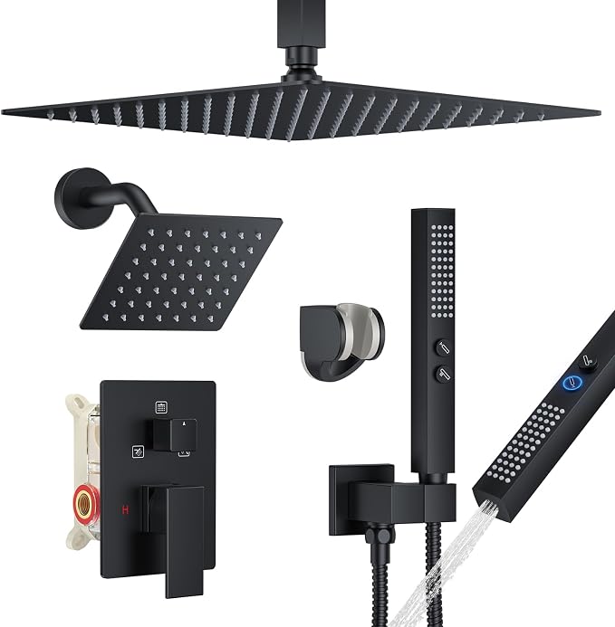 Rain Shower System 12" & 6" Dual Shower Heads Ceiling Shower Faucet Set | Ideal for bathroom remodels and upgrades with 12" rain shower, 6" angled shower, handheld spray and complete valve kit.