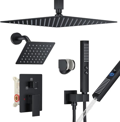Rain Shower System 12" & 6" Dual Shower Heads Ceiling Shower Faucet Set | Ideal for bathroom remodels and upgrades with 12" rain shower, 6" angled shower, handheld spray and complete valve kit.