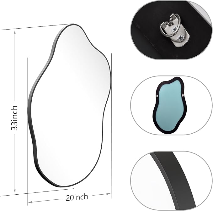 20x33 Inch Irregular Black Bathroom Wall Mirror Asymmetrical Vanity Mirror | Farmhouse Accent Vanity Mirror Hanging Horizontal/Vertical Black Wood Wall Mirror Decorative for Bathroom Bedroom Entryway