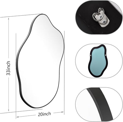 20x33 Inch Irregular Black Bathroom Wall Mirror Asymmetrical Vanity Mirror | Farmhouse Accent Vanity Mirror Hanging Horizontal/Vertical Black Wood Wall Mirror Decorative for Bathroom Bedroom Entryway