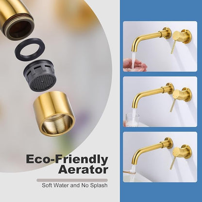 ARCORA Wall Mount Bathroom Faucet, Brushed Gold Single Handle Bathroom Sink Faucet Wall Mounted, Rough-in Valve Included