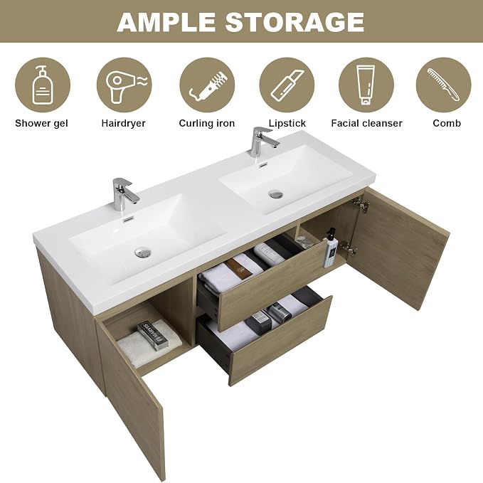 Pre-Assembled 60" Floating Bathroom Vanity with 2 Sinks, Natural Oak | Wall-Mounted Bathroom Vanity with Solid Surface Top Basin, 2 Soft Close Drawers and 2 Doors, Easy to Install & Clean