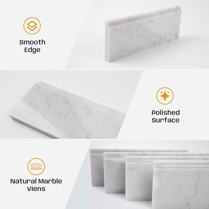 4 Pcs Carrara White Marble Baseboard Trim Molding, Polished | 4.5"x12" Marble Base Moulding for Kitchen, Bathroom, Wall, Floor & Shower, Protects Walls, Easy to Install, Durable