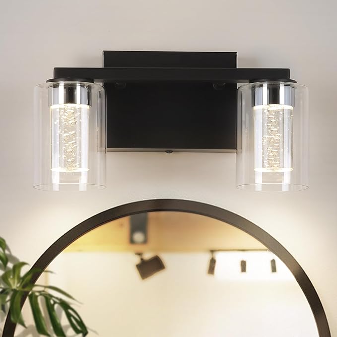 2-Light Bathroom Light Fixtures, Black Modern Vanity Lights with Clear Glass Shade, LED Bathroom Wall Lighting with Crystal Bubble for Mirror Hallway Cabinet Porch