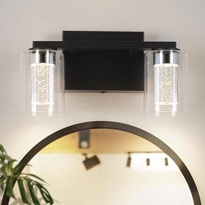 2-Light Bathroom Light Fixtures, Black Modern Vanity Lights with Clear Glass Shade, LED Bathroom Wall Lighting with Crystal Bubble for Mirror Hallway Cabinet Porch