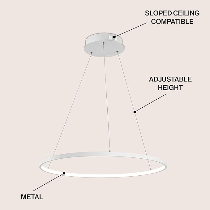 JONATHAN Y 23.75" Matte White Modern Integrated LED Pendant Light, Dimmable Round Hoop Chandelier for Kitchen Island, Dining Room, Adjustable Height Metal Hanging Light (JYL7203I)
