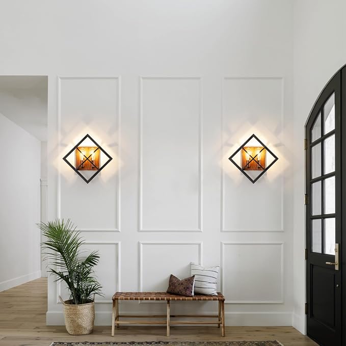 Farmhouse Wall Sconce, Black Wood, 2-Pack | Rustic Indoor Wall Light, 17.8 Inch, E26 Base, Hardwired, for Stairway, Living Room, Bedroom, Bathroom