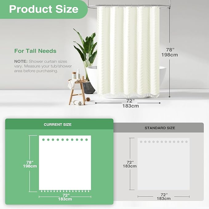 Dynamene 78 Inches Long Shower Curtain, Boho Tufted Chevron Striped Tall Cloth Shower Curtains for Bathroom Decor, Large Hotel Spa Luxury Shower Curtain Set with Hooks, Wrinkle Free, Cream, 72x78