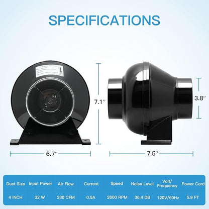 iPower 4 Inch 195 CFM Inline Fan with Speed Controller, Air Carbon Filter, 8 Feet Flexible Ducting, Temperature Humidity Monitor and Rope Hanger for Grow Tent Ventilation
