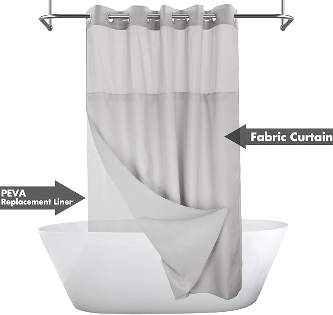 River Dream Extra Long No Hook Shower Curtain with Snap-in Liner, Gray | 71W x 98H, Snap on/off Waterproof PEVA Liner, See Through Top Window, Floor to Ceiling Hotel Style Shower Curtain Set