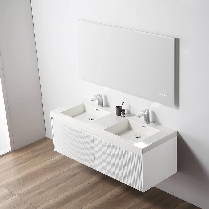 Blossom 60 Inch Double Sink Bathroom Vanity, All Wood Wall Mounted Floating Bathroom Vanity Cabinet with Acrylic Sink, Bathroom Sink Cabinet with Soft-Close Drawers, Modern Vanities, Matte White
