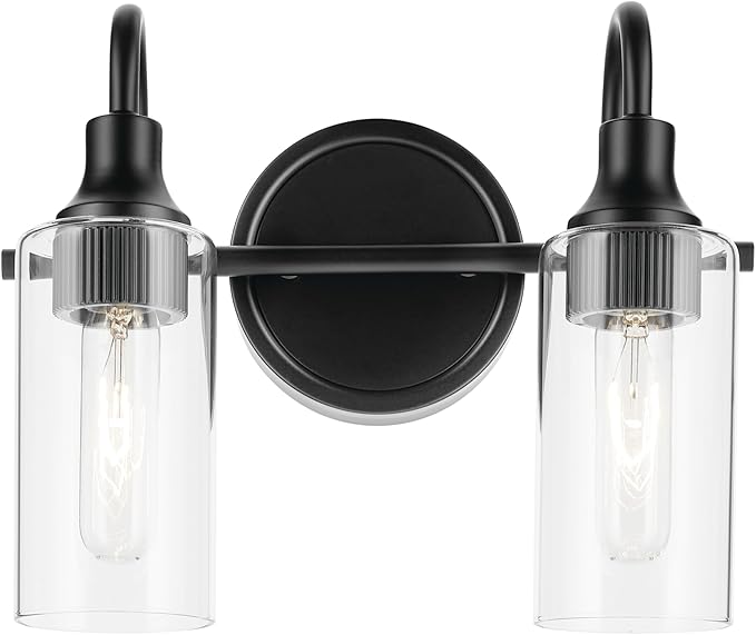 Kichler Kavi 12.5" 2-Light Vanity Light with Clear Glass in Black, Damp Rated, for Bathroom, Powder Room, Over a Mirror, (12.5" W x 10" H), 55210BK