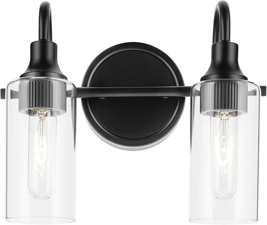 Kichler Kavi 12.5" 2-Light Vanity Light with Clear Glass in Black, Damp Rated, for Bathroom, Powder Room, Over a Mirror, (12.5" W x 10" H), 55210BK