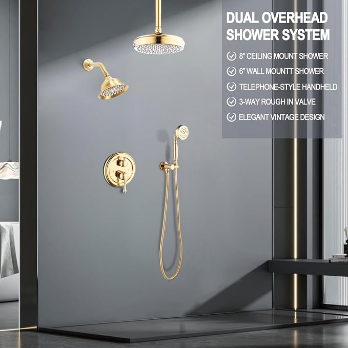 Enga Antique Dual Shower Head Faucet Set - 8" Ceiling Mount Rain Shower & 6" Wall-Mounted Vintage Rainfall + Handheld Spray Combo, Bright Gold