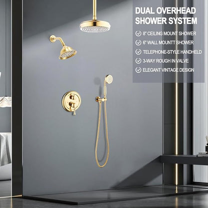 Enga Antique Dual Shower Head Faucet Set - 8" Ceiling Mount Rain Shower & 6" Wall-Mounted Vintage Rainfall + Handheld Spray Combo, Bright Gold