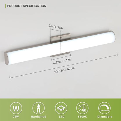Brushed Nickel Vanity Lights 24 Inch 24W Bathroom Light Fixture LED Bathroom Vanity Lights Over Mirror Vanity Lighting Fixtures, Wall Light Fixtures, Daylight 5500K