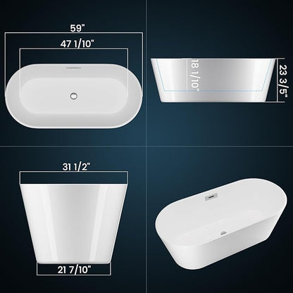 Freestanding Bathtub 59 inch Acrylic Free Standing Tub 59 Inch, Free Standing Tub with Chrome Drain & Overflow, Ergonomic Stand Alone Tub for Small Bathroom or Home Spa
