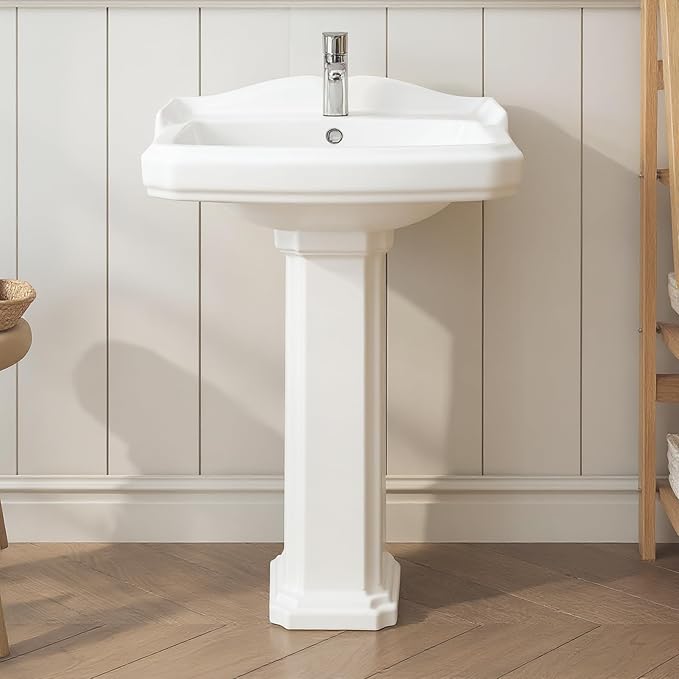 23" W X 19" D Bathroom Pedestal Sink, Vintage White Ceramic Vanity Sink with Overflow and Single Hole Faucet Pre-Drilled,Freestanding Restroom Sink Combo for Small Spaces