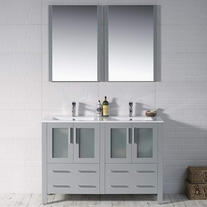Blossom 48" Double Sink Vanity Solid Wood | Modern Metal Grey Bathroom Vanity with Sink | 18" Narrow Depth Space Saving Design | Soft Close Drawers & Tempered Glass Doors | Master Suite Upgrade