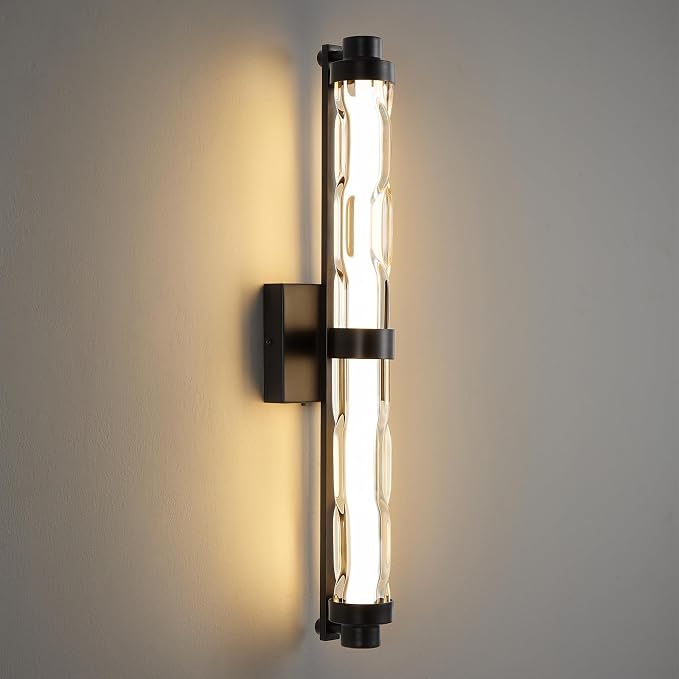 23.6" Black Wall Sconce, Modern Bathroom Vanity Light with Ripple Glass Shade, 5CCT Dimmable LED Wall Lighting 20W for Bedroom, Living Room, Hallway