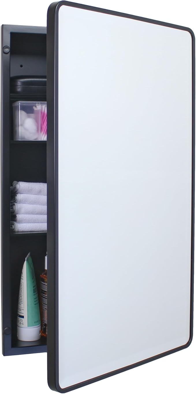 16x26 Austin Farmhouse Metal Framed Rounded Rectangle Recessed Bathroom Medicine Cabinet, Beveled Mirror, 14x24 in-Wall Opening, powder-coated Steel, Adjustable Glass Shelves, Magnet Close, Black