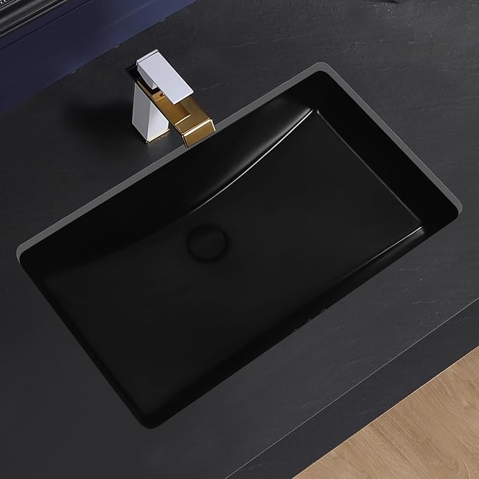 Black Undermount Bathroom Sink 27.3x16.5 Inch Vessel Sink Rectangular | Bathroom Sink Matte Black Bathroom Under Counter Lavatory Vanity Sink Basin Porcelain Ceramic Undermount Sinks with Overflow
