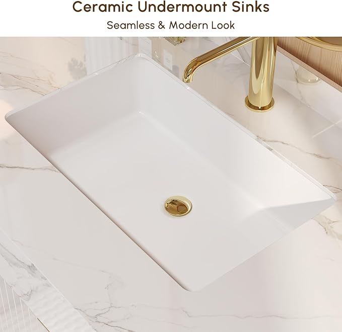 Bathroom Vanity with Sink, Modern Bathroom Vanity with Faux Marble Top, Gold Hardware & Soft-Close Drawers for Bathroom Storage (35.4 Inch, White, Single Sink & Floating)