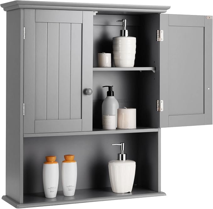 COSTWAY Wall Mounted Bathroom Cabinet, Over the Toilet Storage Cabinet | Double Doors & Adjustable Shelf, Wood Hanging Medicine Cabinet for Living Room, Entryway, Kitchen (Gray)
