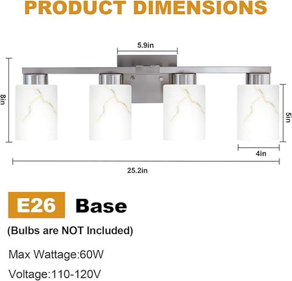 4-Light Bathroom Light Fixtures, Modern Vanity Lights, Brushed Nickel Metal Wall Lamp with White Marble Glass for Bathroom, Mirror, Living Room, Bedroom, Cabinet, Porch, Hallway, E26 Base