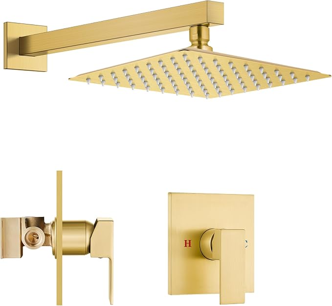 Airuida 8 Inch Brushed Gold Shower Faucet Set,Shower Valve Kit | Rainfall Shower Head and Handle Set,Female Thread Rough-in Valve Shower Kit,Single Function Shower System