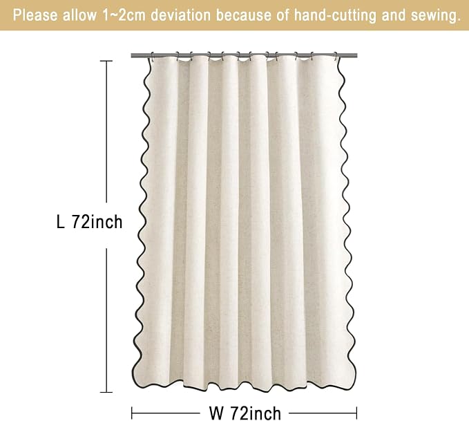 Scalloped Shower Curtain Linen Boho Flax White 72" W x 72" L | Linen Fabric, Black Border, Washable, Heavy Duty Cloth, Shower Curtain for Boho Farmhouse Bathroom Bathtub