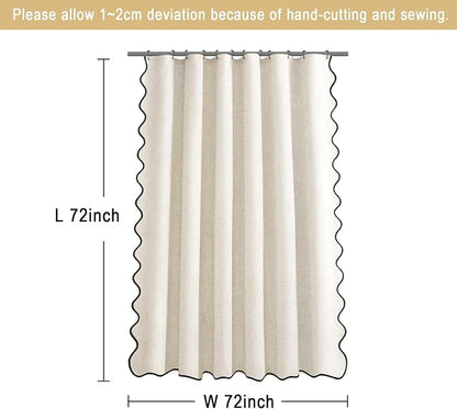 Scalloped Shower Curtain Linen Boho Flax White 72" W x 72" L | Linen Fabric, Black Border, Washable, Heavy Duty Cloth, Shower Curtain for Boho Farmhouse Bathroom Bathtub