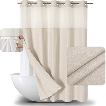 eachope Extra Long No Hooks Needed Linen Textured Shower Curtain with Snap-in Fabric Liner Set,Cream Hotel Luxury Decor Shower Curtains for Bathroom,Waterproof & Washable,71Wx86H | Extra Long,230GSM Thick Fabric,Hotel Luxury Decor,Mesh Top Window,Botto...