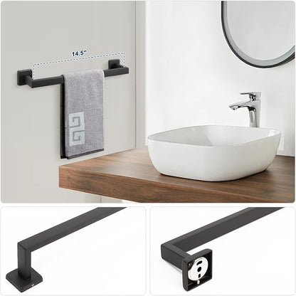 NearMoon 5 Pieces Bathroom Hardware Set 304 Stainless Steel - Square Towel Rack Set Include 16" Towel Rod + Towel Ring + Toilet Paper Holder + 2 Robe Towel Hooks Bathroom Accessories (Matte Black)