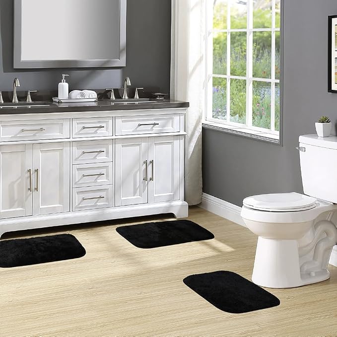 Garland Rug Traditional Nylon Washable Black 3 Bath Rugs (17" X 24", 21" X 34", 21" X 34") - Soft, Absorbent, and Stylish for Your Bathroom