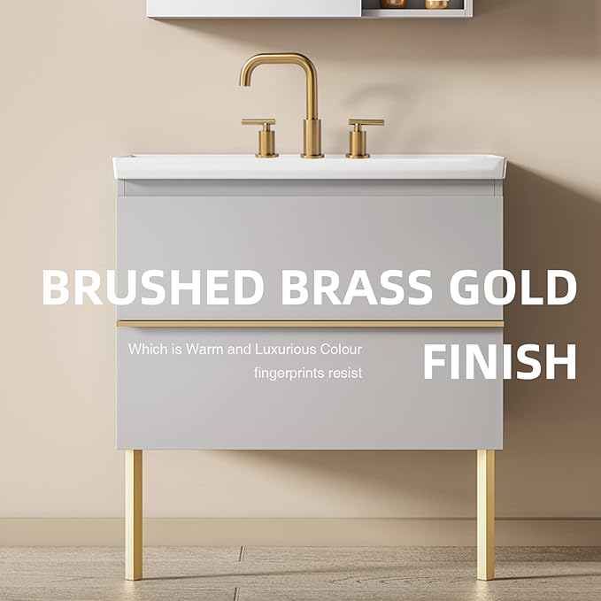 TRUSTMI Bathroom Faucet 2 Handle 8 Inch Widespread Brass Vanity Sink Faucet with Metal Overflow Drain and cUPC Water Supply Lines, Brushed Brass Gold