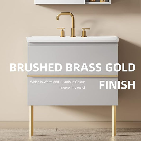 TRUSTMI Bathroom Faucet 2 Handle 8 Inch Widespread Brass Vanity Sink Faucet with Metal Overflow Drain and cUPC Water Supply Lines, Brushed Brass Gold