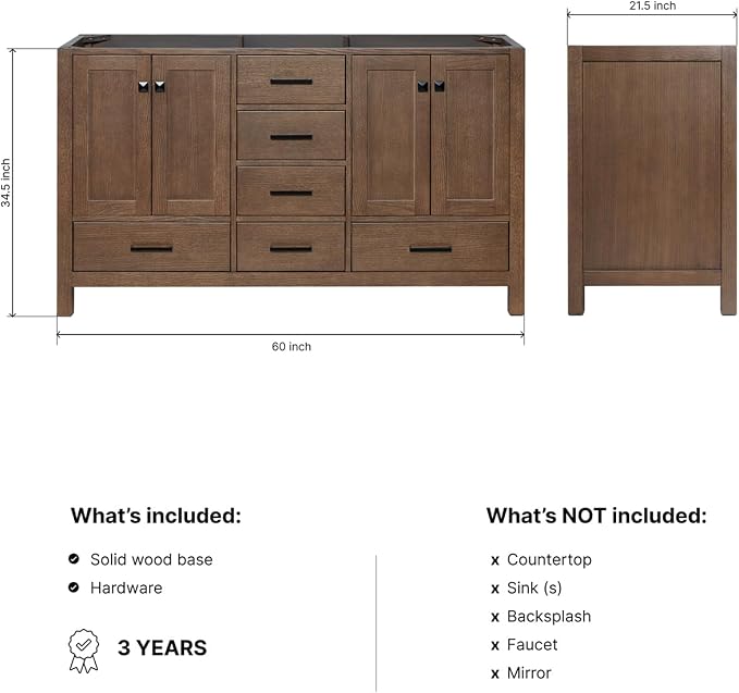 ARIEL Cambridge 60-inch Bathroom Vanity Base Cabinet,Solid Wood, 4 Soft Closing Doors, 6 Dovetail Drawers, Brown Oak