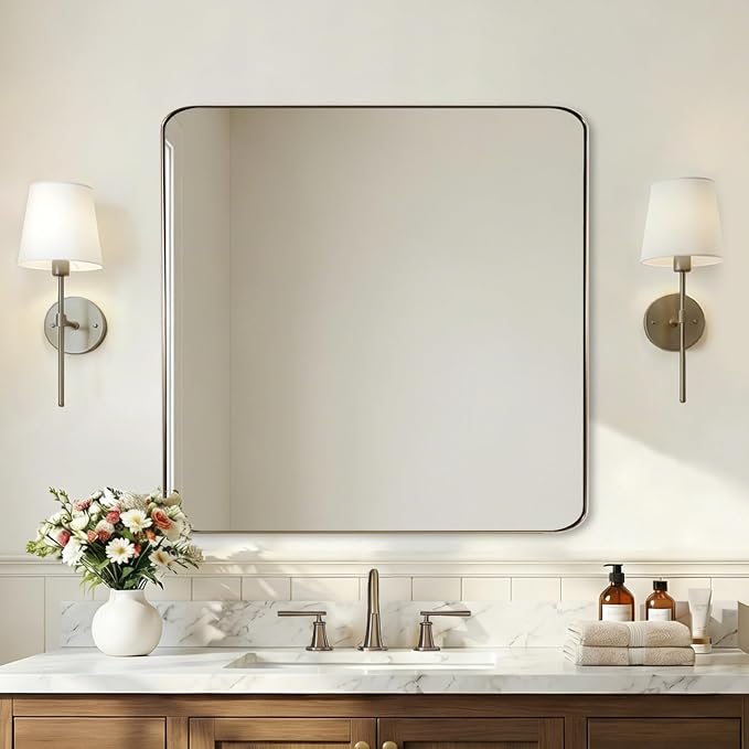 Brushed Champagne Bronze Mirrors for Bathroom Sink, 30x30 Inch Bathroom Vanity Mirror with Rectangular Metal Frame-Modern Clean Design with Superior Stainless Steel Frame