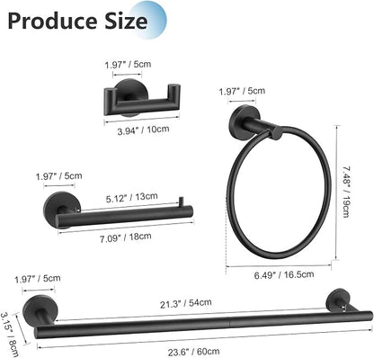 5 Pieces Towel Bar Set Matte Black Bathroom Hardware Accessories Set Stainless Steel Towel Racks Set for Bathroom,Wall Mounted 23.6 Inch Bathroom Hardware Set