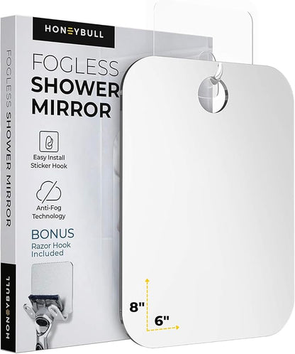 HONEYBULL Fogless Shower Mirror for Shaving – Anti-Fog Acrylic Mirror with Razor Holder, No-Drill Wall Mount, Flat Design for Steam Showers, Medium 6x8in