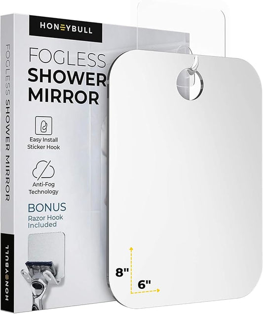 HONEYBULL Fogless Shower Mirror for Shaving – Anti-Fog Acrylic Mirror with Razor Holder, No-Drill Wall Mount, Flat Design for Steam Showers, Medium 6x8in