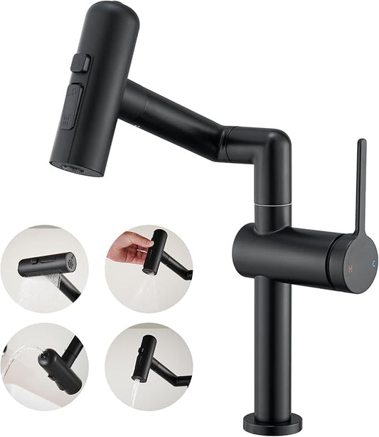 360°Rotatable Bathroom Faucet, 1 Hole Single Handle Bathroom Faucet, Bathroom Sink Faucet with 4 Water Outlet Modes for Kitchen Rv Bath Lavatory Sink, Matte Black