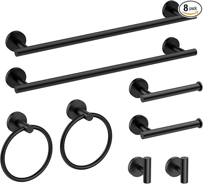 8PCS Matte Black Bathroom Hardware Set, 18-Inch Towel Bar Set | Durable SUS304 Stainless Steel Bathroom Accessories Set, Towel Racks for Bathroom Wall Mounted, Modern Home Decor