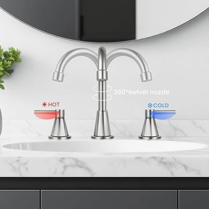 Bathroom Faucet 3 Hole, Brushed Nickel Bathroom Sink Faucet with 360°Swivel Spout, 8 inch Widespread 2 Handle Faucet for Bathroom Sink Vanity RV with Pop-up Drain Supply Line Stainless Steel