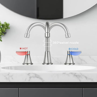Bathroom Faucet 3 Hole, Brushed Nickel Bathroom Sink Faucet with 360°Swivel Spout, 8 inch Widespread 2 Handle Faucet for Bathroom Sink Vanity RV with Pop-up Drain Supply Line Stainless Steel