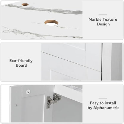 24 Inch White Bathroom Vanity with Marble Texture Top, Traditional Standing Pedestal Cabinet with Black Ceramic Sink