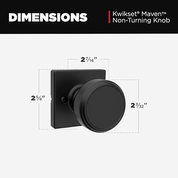 Kwikset Maven Dummy Door Knob, Single Sided Handle for Closets, French Double Doors, and Pantry, Matte Black Non-Turning Square Interior Push/Pull Door Knob, with Microban Protection (Pack of 4)