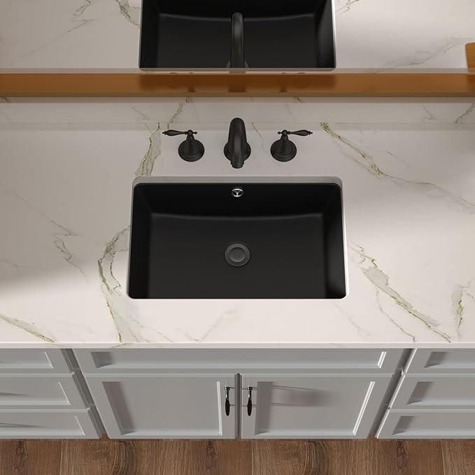 Lordear Black Undermount Bathroom Sink 18x12 Inch Black Bathroom Sinks Vanity Undermount Rectangle Porcelain Ceramic Sinks Under Counter Lavatory Sink Basin with Overflow